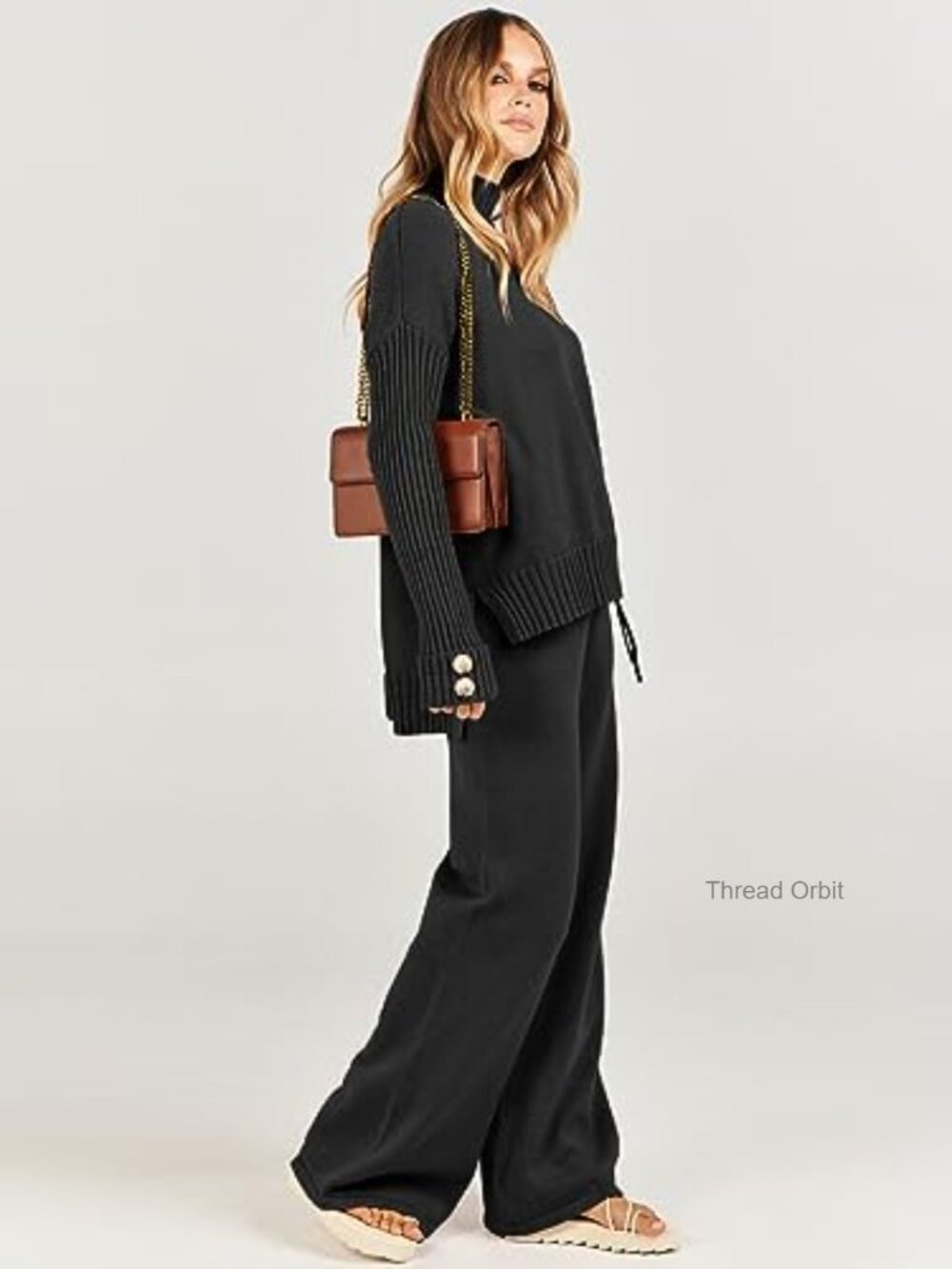 Soft Knit Sweater Set Turtleneck Top Wide Leg Pants Lounge Outfit - Picture 3 of 7